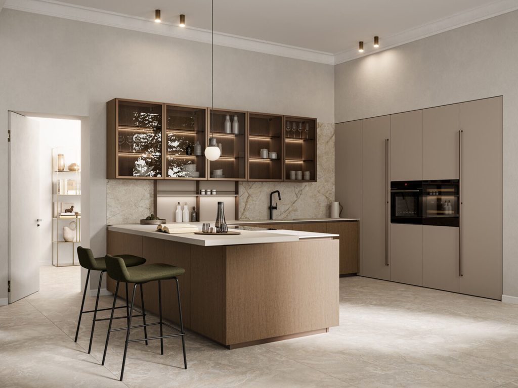 Modern minimalist kitchen with a central light wood island and white countertop, two green bar stools, upper cabinets with illuminated glass fronts and open shelving, beige marble backsplash, black faucet, and built-in appliances integrated into smooth sand-colored cabinetry; warm lighting and a spacious, tidy layout.